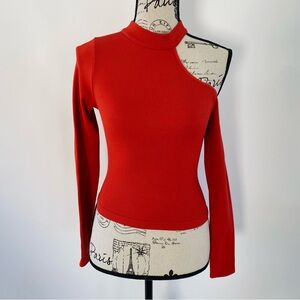 NEW Women Asymmetrical Off Shoulder Long Sleeve Bodycon Top Rust Red Orange S/M